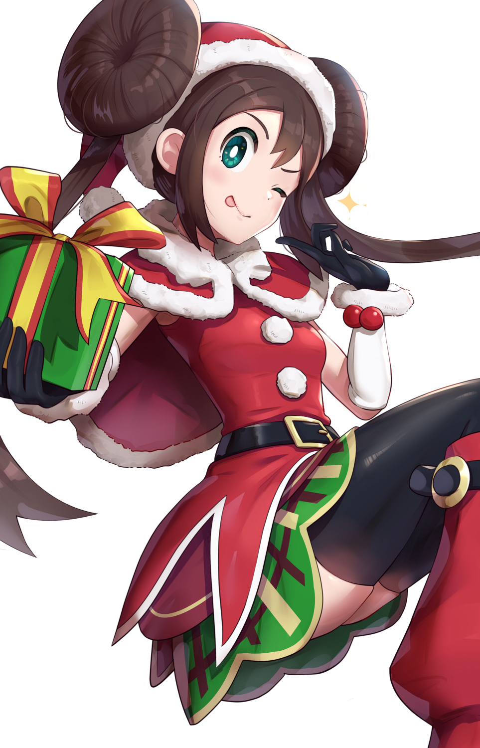 1girl alternate_costume belt black_belt black_gloves black_legwear blue_eyes blush boots box breasts brown_hair capelet christmas closed_mouth commentary double_bun dress english_commentary fur-trimmed_gloves fur_trim gift gift_box gloves gonzarez green_skirt hat highres holding holding_box knee_boots licking_lips long_hair looking_at_viewer medium_breasts miniskirt mixed-language_commentary one_eye_closed pokemon pokemon_(game) pokemon_bw2 pom_pom_(clothes) red_capelet red_dress red_footwear red_headwear rosa_(pokemon) santa_costume santa_dress santa_hat simple_background skirt smile solo sparkle thigh-highs thighs tongue tongue_out white_background