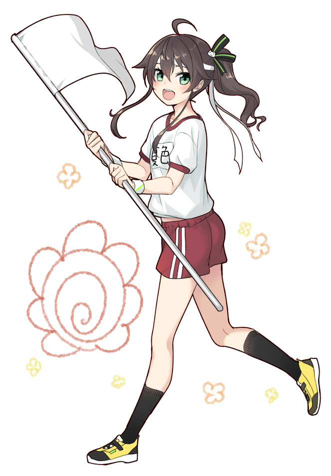 1girl ahoge bangs blush brown_hair collarbone flag green_eyes gym_uniform hair_ornament headband holding holding_flag hololive looking_at_viewer minamura_haruki natsuiro_matsuri open_mouth ponytail shoes simple_background sneakers socks solo virtual_youtuber white_background white_flag white_headband