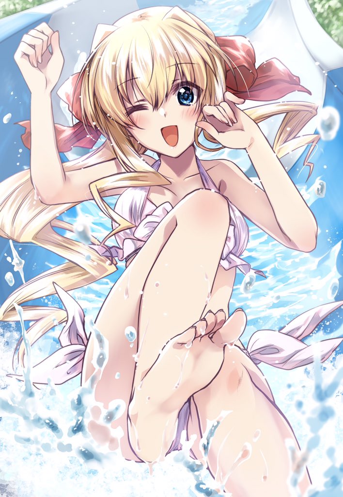 1girl ;d arm_up bangs barefoot bikini blonde_hair blue_eyes breasts commentary_request day drill_hair droplet eyebrows_visible_through_hair feet frilled_bikini frills hair_ribbon ilfriede_von_feulner knee_up kuroi_mimei large_breasts long_hair looking_at_viewer muvluv muvluv_alternative one_eye_closed open_mouth outdoors ponytail red_ribbon ribbon side-tie_bikini smile solo swimsuit water_slide white_bikini