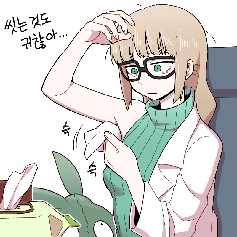 1girl arm_up bags_under_eyes bangs black-framed_eyewear blonde_hair blunt_bangs chair closed_mouth commentary gen_5_pokemon glasses green_eyes green_sweater holding korean_text labcoat long_hair looking_down nutkingcall oleana_(pokemon) outline pokemon pokemon:_twilight_wings pokemon_(anime) pokemon_(creature) ribbed_sweater sidelocks sitting sleeveless_sweater sweater tissue tissue_box trubbish white_background younger