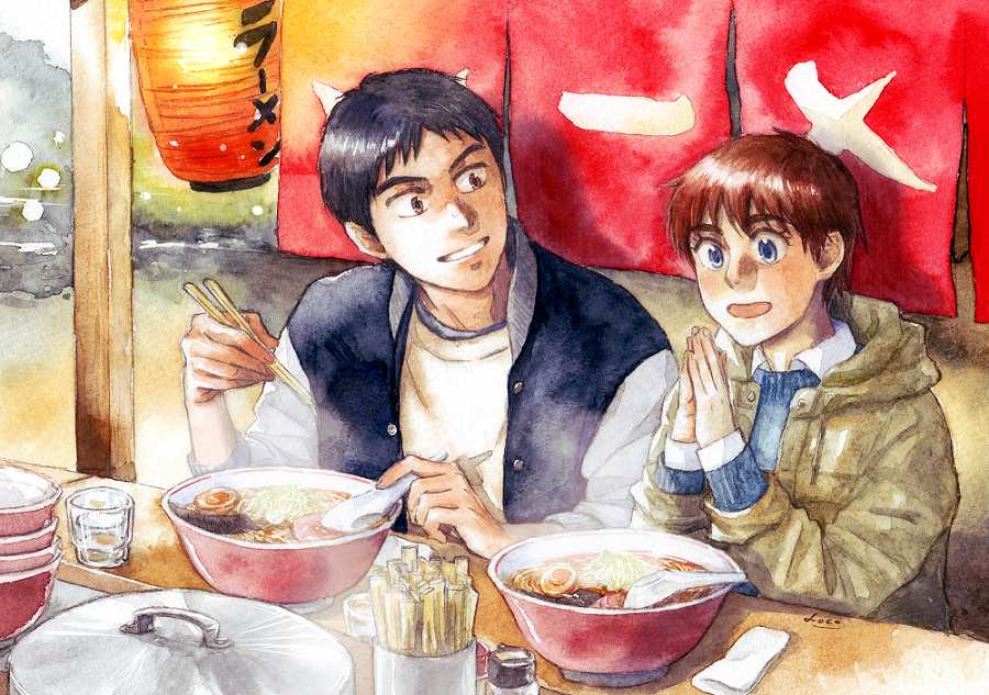 1boy 1girl black_hair blue_eyes bowl brown_eyes casual cup food grin hands_together hood hooded_jacket izumi_noa jacket kidou_keisatsu_patlabor lantern letterman_jacket looking_at_another looking_to_the_side noodles noren paper_lantern pot ramen redhead restaurant shinohara_asuma short_hair signature sitting smile texture traditional_media ususionorisio watercolor_(medium) winter_clothes