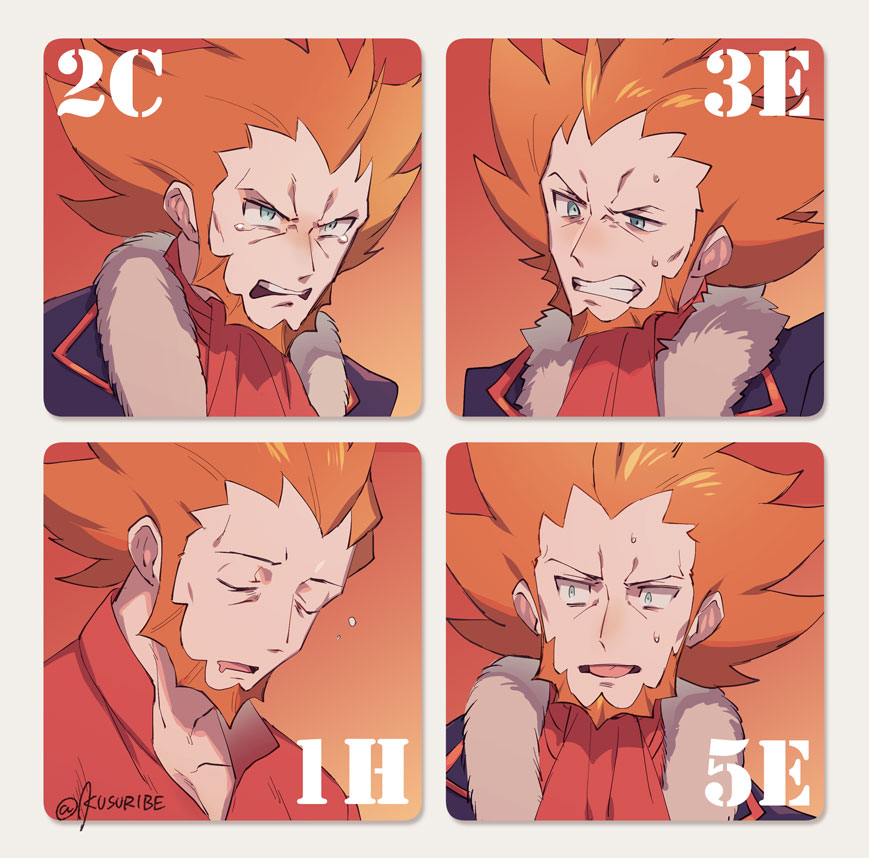 1boy blush clenched_teeth closed_eyes collarbone commentary_request expression_chart facial_hair fur-trimmed_jacket fur_trim jacket kusuribe lysandre_(pokemon) male_focus mouth_drool nose_blush number open_mouth orange_hair pokemon pokemon_(game) pokemon_xy red_shirt shirt sideways_glance signature spiky_hair sweat tearing_up teeth tongue tongue_out