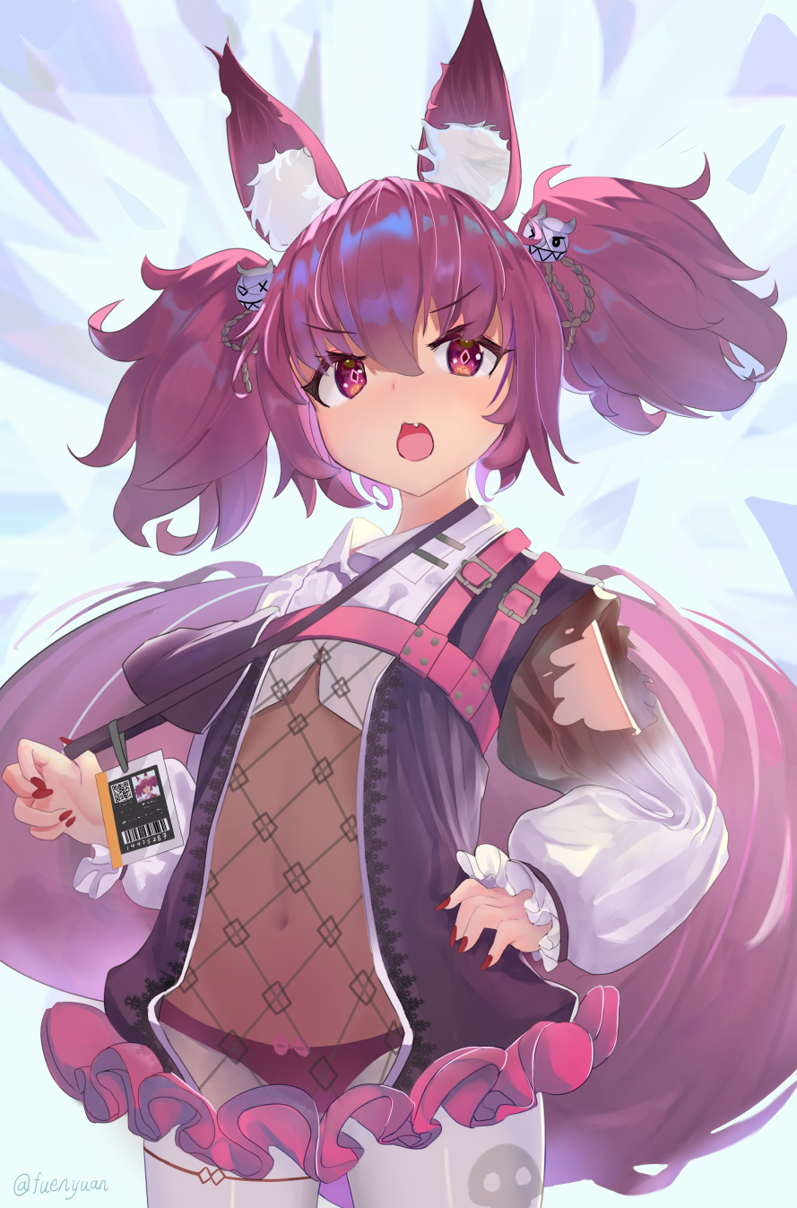 1girl animal_ear_fluff animal_ears arknights barcode bow bow_panties covered_navel diamond-shaped_pupils diamond_(shape) eyebrows_visible_through_hair fang fingernails fuenyuan hair_between_eyes hand_on_hip highres id_card long_fingernails medium_hair open_mouth panties pink_bow purple_hair purple_panties red_nails see-through shamare_(arknights) skull_print solo standing symbol-shaped_pupils tail twintails twitter_username underwear violet_eyes white_legwear