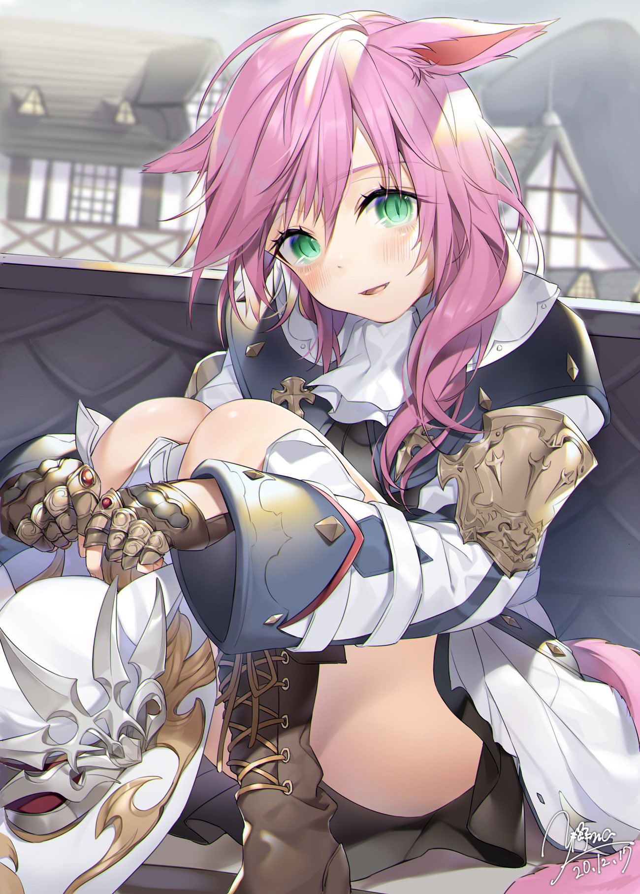 1girl animal_ears blush boots breasts eyebrows_visible_through_hair final_fantasy final_fantasy_xiv green_eyes highres laces long_sleeves looking_at_viewer mechanical_arm open_mouth pink_hair solo yana_mori