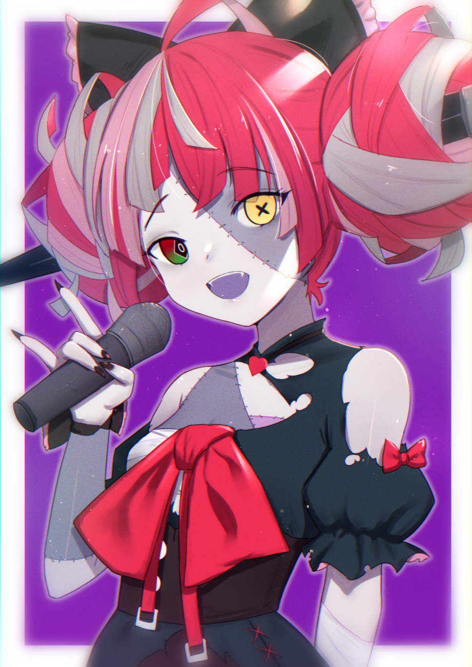 1girl :d \m/ bandaged_arm bandages bare_shoulders black_bow black_dress black_nails bow commentary double_bun dress fangs fingernails grey_hair hair_bow hand_up highres holding holding_microphone hololive hololive_indonesia kureiji_ollie long_fingernails looking_at_viewer microphone multicolored_hair nail_polish open_mouth pink_hair puffy_short_sleeves puffy_sleeves purple_background red_bow redhead sharp_fingernails short_sleeves smile solo stitches symbol_commentary torn_clothes torn_dress two-tone_background two-tone_hair uneg upper_teeth virtual_youtuber white_background