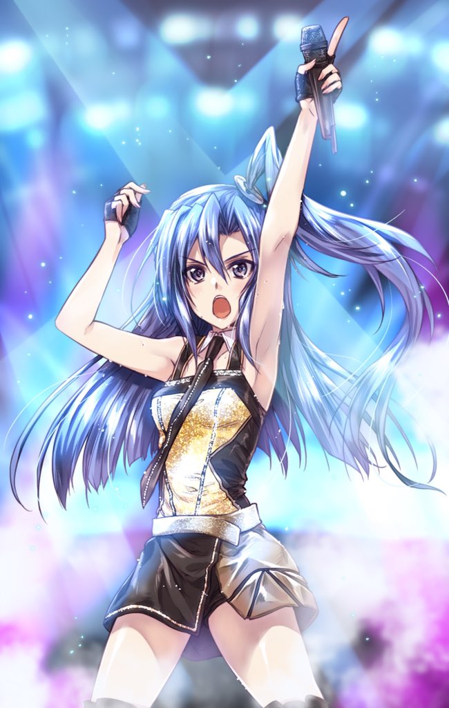 1girl armpits arms_up bike_shorts black_dress black_gloves black_neckwear blue_eyes blue_hair blurry blurry_background boots collared_dress dress fingerless_gloves frown gloves hair_ornament holding holding_microphone idol index_finger_raised kazanari_tsubasa kuroi_mimei light_particles long_hair looking_at_viewer microphone necktie one_side_up open_mouth senki_zesshou_symphogear short_dress shorts_under_dress sleeveless sleeveless_dress solo spotlight standing thigh-highs thigh_boots