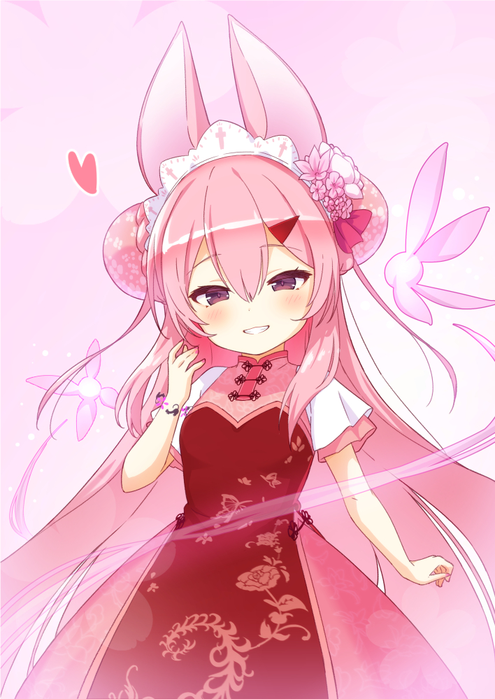 1girl animal_ears bangs blush bun_cover china_dress chinese_clothes commentary copyright_request double_bun dress eyebrows_visible_through_hair flower gradient gradient_background grin hair_between_eyes hand_up heart jigatei_(omijin) long_hair looking_at_viewer pink_background pink_flower pink_hair red_dress short_sleeves smile solo symbol_commentary very_long_hair violet_eyes white_background white_flower