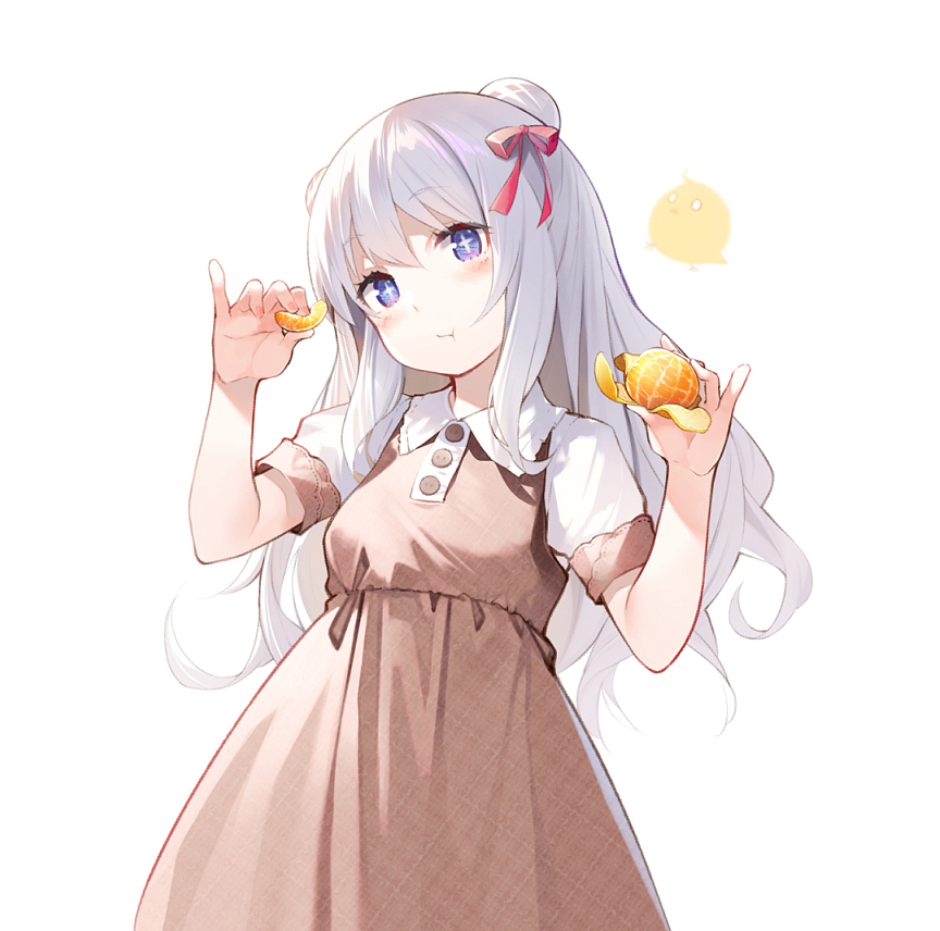 +_+ 1girl :t azur_lane bangs blue_eyes blush brown_dress buttons chewing closed_mouth collared_dress commentary_request cowboy_shot double_bun dress eating eyebrows_visible_through_hair food fruit hair_between_eyes hair_ribbon hands_up head_tilt holding holding_food holding_fruit le_malin_(azur_lane) long_hair looking_at_viewer mandarin_orange manjuu_(azur_lane) nekomu orange orange_slice plaid plaid_dress red_ribbon ribbon shiny shiny_hair short_sleeves sidelocks silver_hair simple_background solo standing wavy_hair white_background