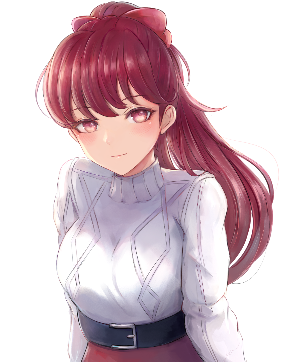 1girl bangs belt belt_buckle black_belt blush breasts buckle closed_mouth commentary highres large_breasts leonmandala long_hair long_sleeves looking_at_viewer persona persona_5 ponytail red_eyes red_skirt redhead ribbed_sweater simple_background skirt smile solo sweater sweater_tucked_in turtleneck turtleneck_sweater upper_body white_background white_sweater yoshizawa_kasumi