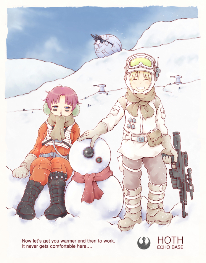 2girls ^_^ bangs bb-8 beige_gloves closed_eyes earmuffs energy_gun english_commentary eyebrows_visible_through_hair goggles goggles_on_headwear gun holding holding_gun holding_weapon hoth multiple_girls nosh parted_bangs pilot_suit purple_hair rebel_pilot red_scarf scarf short_hair sitting smile snow snowman star_wars star_wars:_the_empire_strikes_back star_wars:_the_force_awakens turret weapon