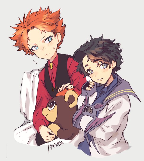 2boys augustine_sycamore blue_eyes blush closed_mouth commentary_request eyelashes freckles gen_1_pokemon gen_6_pokemon grey_background holding holding_pokemon kusuribe litleo long_sleeves lysandre_(pokemon) male_focus multiple_boys orange_hair pokemon pokemon_(creature) pokemon_(game) pokemon_xy red_shirt shirt signature sketch sleeves_past_wrists spiky_hair vest younger zubat