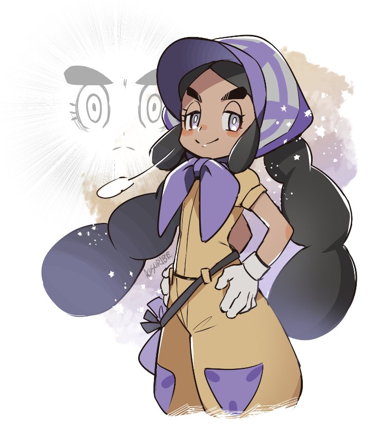 1girl black_hair blush bonnet closed_mouth commentary_request eyelashes gloves grey_eyes grey_gloves half-closed_eyes hands_on_hips hapu_(pokemon) island_kahuna jumpsuit kusuribe long_hair pokemon pokemon_(game) pokemon_sm purple_headwear short_sleeves signature smile thick_eyebrows twintails