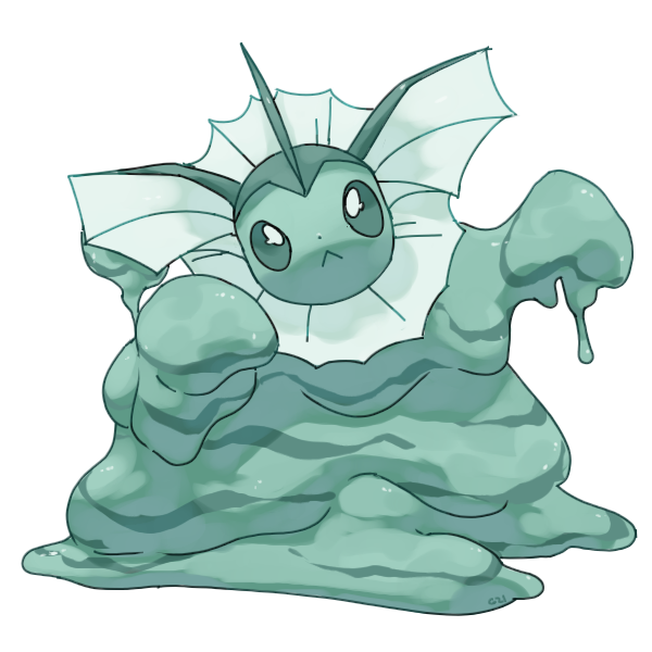 commentary creature frown full_body fusion gen_1_pokemon green_theme looking_at_viewer monochrome muk no_humans pinkgermy pokemon pokemon_(creature) solo standing transparent_background vaporeon