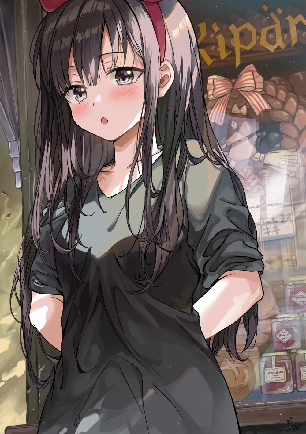 1girl :o arms_behind_back black_dress black_hair blush bread dress food grey_eyes hair_ribbon highres jam kiki long_hair looking_at_viewer majo_no_takkyuubin open_mouth red_ribbon ribbon saya_(mychristian2) shop solo standing window