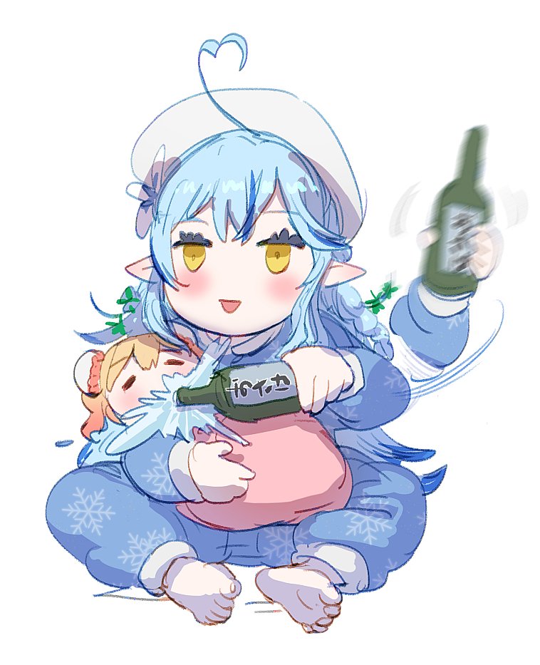 2girls ahoge alcohol baby beret blonde_hair blue_hair blue_pajamas blush bottle bow_(bhp) eyebrows eyebrows_visible_through_hair eyelashes feeding gradient_hair hat heart_ahoge holofive hololive momosuzu_nene multicolored_hair multiple_girls orange_hair pajamas pointy_ears sake sitting sleeping smile snowflake_print splashing toenails toes triangle_mouth virtual_youtuber white_background yellow_eyes yukihana_lamy