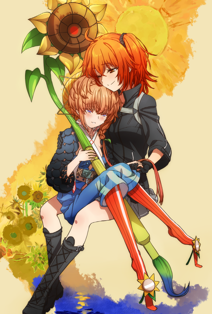 2girls ahoge blue_eyes boots braid brown_hair crying crying_with_eyes_open fate/grand_order fate_(series) flower fujimaru_ritsuka_(female) hat multiple_girls oiun one_eye_closed orange_eyes orange_hair side_ponytail sitting sitting_on_lap sitting_on_person smile sunflower tears van_gogh_(fate)