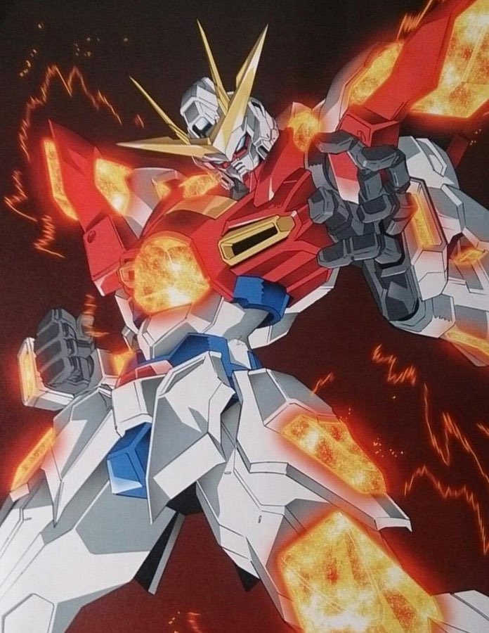 blue_eyes build_burning_gundam clenched_hand fire gundam gundam_build_fighters gundam_build_fighters_try looking_down mecha no_humans official_art oobari_masami open_hand science_fiction solo v-fin