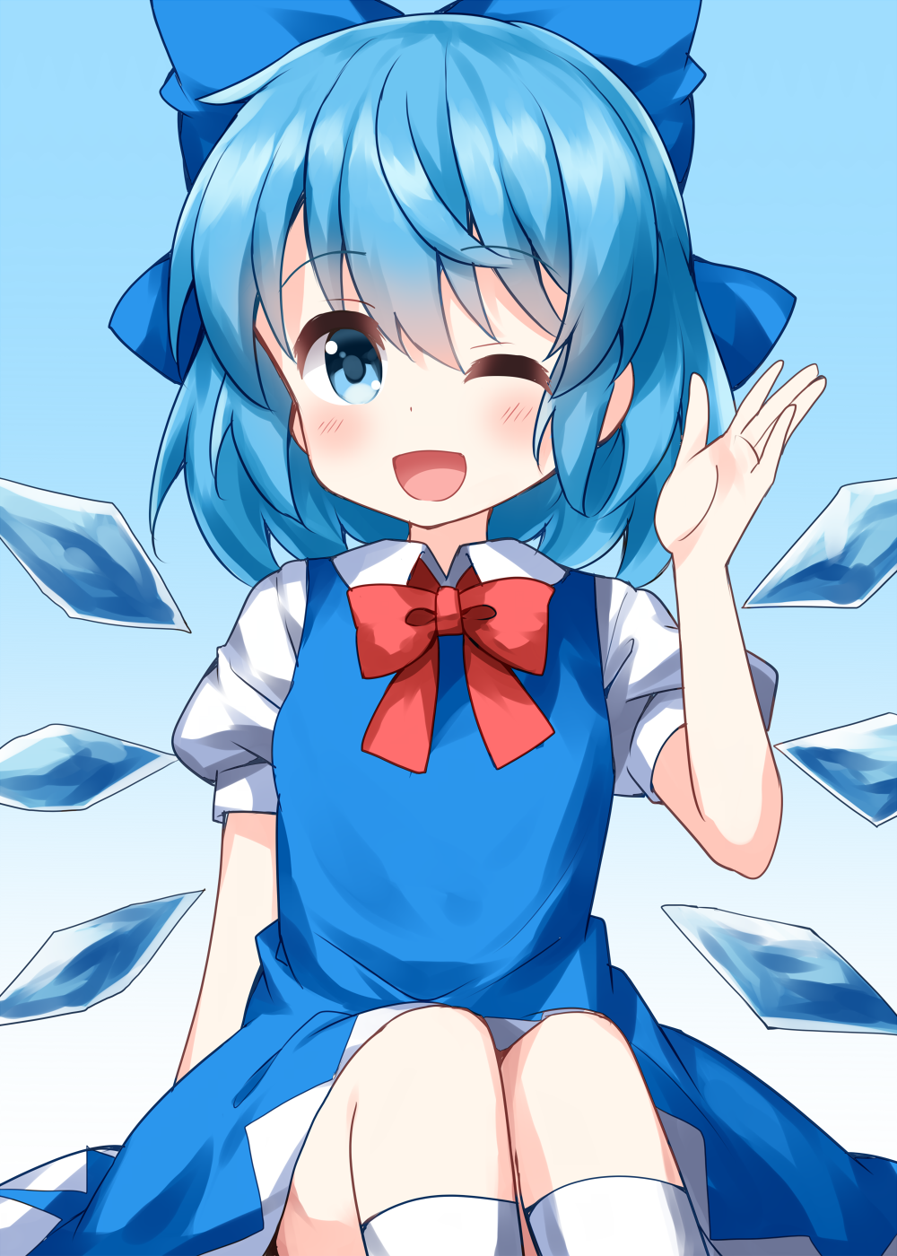 1girl bangs blue_background blue_bow blue_dress blue_eyes bow bowtie cirno collared_shirt dress eyebrows_visible_through_hair gradient gradient_background hair_between_eyes hair_bow highres ice ice_wings looking_at_viewer medium_hair one_eye_closed open_mouth puffy_short_sleeves puffy_sleeves red_bow red_neckwear ruu_(tksymkw) shirt short_sleeves sitting smile solo touhou white_legwear white_shirt wings