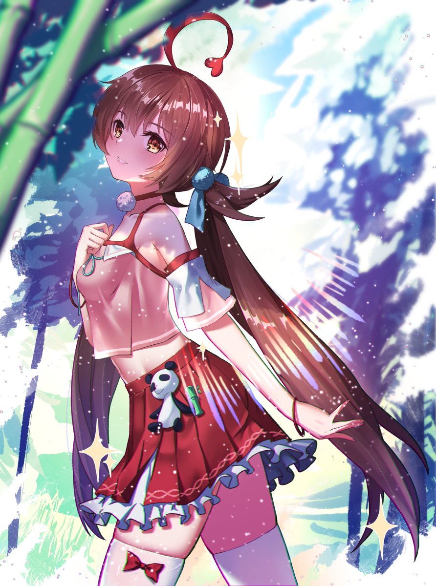 1girl ahoge bangs bow bow_legwear breasts brown_eyes brown_hair commentary_request detached_sleeves frilled_skirt frills hair_between_eyes highres long_hair looking_at_viewer pleated_skirt ponytail red_bow shinka_musume shinka_musume_channel short_sleeves skirt smile snowflakes solo sparkle stuffed_animal stuffed_toy teeth ten_no_hoshi white_legwear