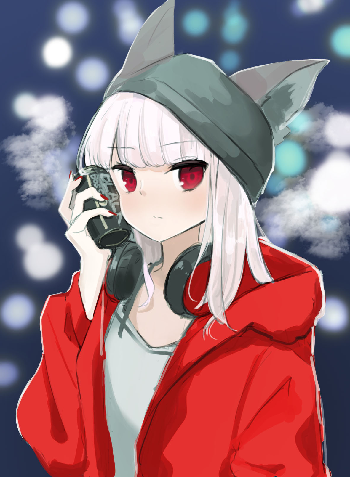 1girl animal_ears arknights beanie black_headwear can can_to_cheek eyebrows_visible_through_hair fox_ears frostleaf_(arknights) grey_shirt hat headphones headphones_around_neck highres holding holding_can hood hood_down jacket kurakak6 looking_at_viewer medium_hair nail_polish open_clothes open_jacket outdoors red_eyes red_jacket red_nails shirt solo white_hair