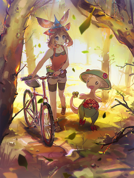 1girl :d :o bicycle black_eyes breasts breloom cave collarbone commentary_request creature full_body gen_3_pokemon grey_eyes ground_vehicle hair_ribbon holding leaf masquerain medium_hair mushroom namie-kun on_head open_mouth pokemon pokemon_(creature) pokemon_(game) pokemon_on_head pokemon_oras red_ribbon ribbon signature small_breasts smile tree twintails walking
