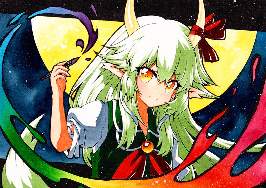 1girl bangs black_border blue_background border bow closed_mouth dress ex-keine eyebrows_visible_through_hair gem green_dress green_hair hair_between_eyes hand_up horns kamishirasawa_keine long_hair looking_at_viewer moon pencil qqqrinkappp red_bow red_neckwear short_sleeves smile solo touhou traditional_media white_sleeves yellow_eyes yellow_moon