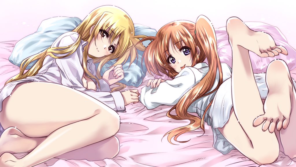 2girls :p bangs bed bed_sheet blonde_hair blue_eyes brown_hair closed_mouth commentary_request dress_shirt eyebrows_visible_through_hair fate_testarossa feet feet_up from_behind hair_tie kuroi_mimei legs long_hair long_sleeves looking_at_viewer looking_back lying lyrical_nanoha mahou_shoujo_lyrical_nanoha_strikers multiple_girls naked_shirt on_bed on_side on_stomach pillow red_eyes shirt side_ponytail smile takamachi_nanoha tongue tongue_out white_shirt