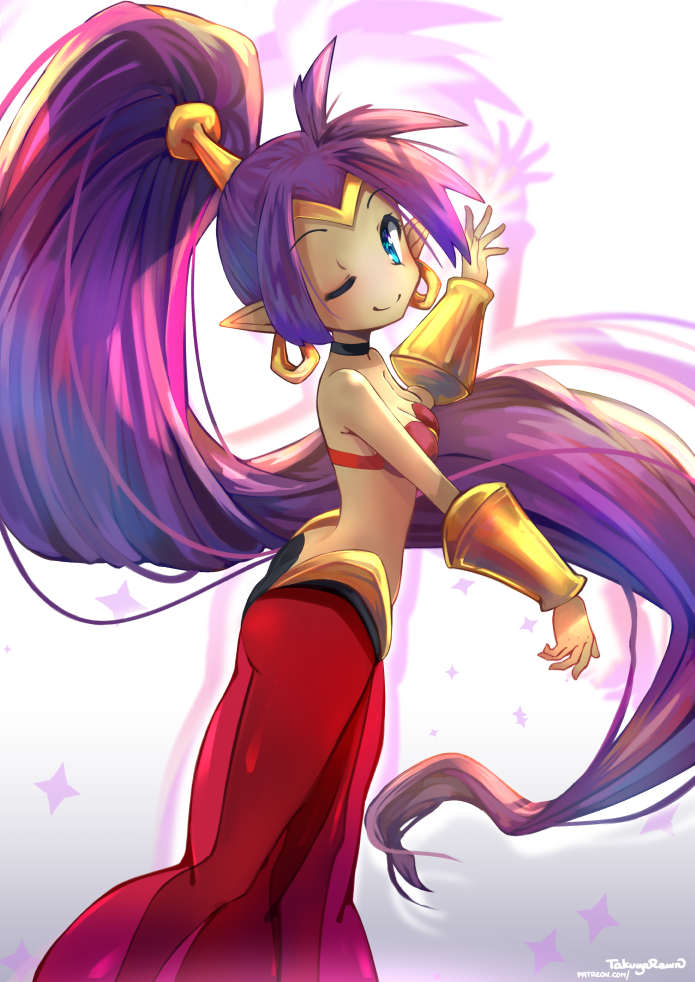 1girl ;) artist_name bare_shoulders black_choker blue_eyes bracer choker circlet commentary dancer earrings english_commentary feet_out_of_frame hair_ornament harem_pants high_ponytail hoop_earrings jewelry long_hair looking_at_viewer one_eye_closed pants pointy_ears ponytail purple_hair shantae_(character) shantae_(series) simple_background smile solo takuyarawr very_long_hair white_background