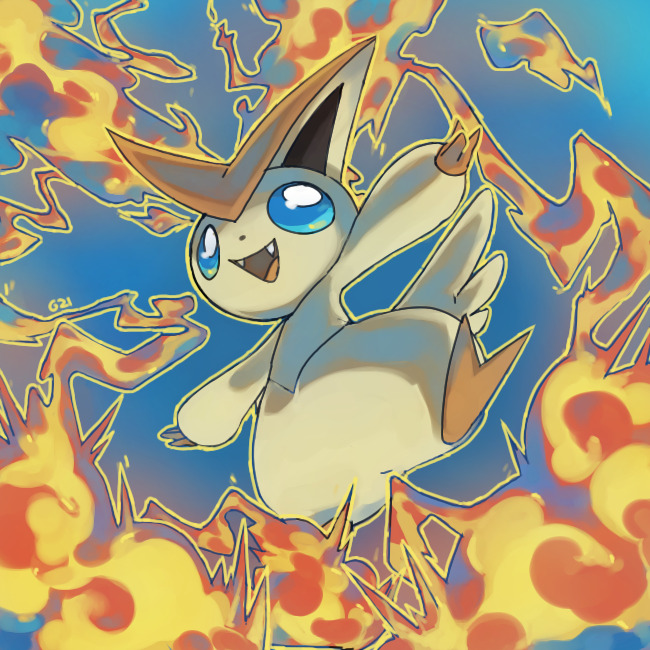 blue_background blue_eyes commentary creature english_commentary fangs full_body gen_5_pokemon looking_at_viewer mythical_pokemon no_humans open_arms pinkgermy pokemon pokemon_(creature) signature simple_background solo victini