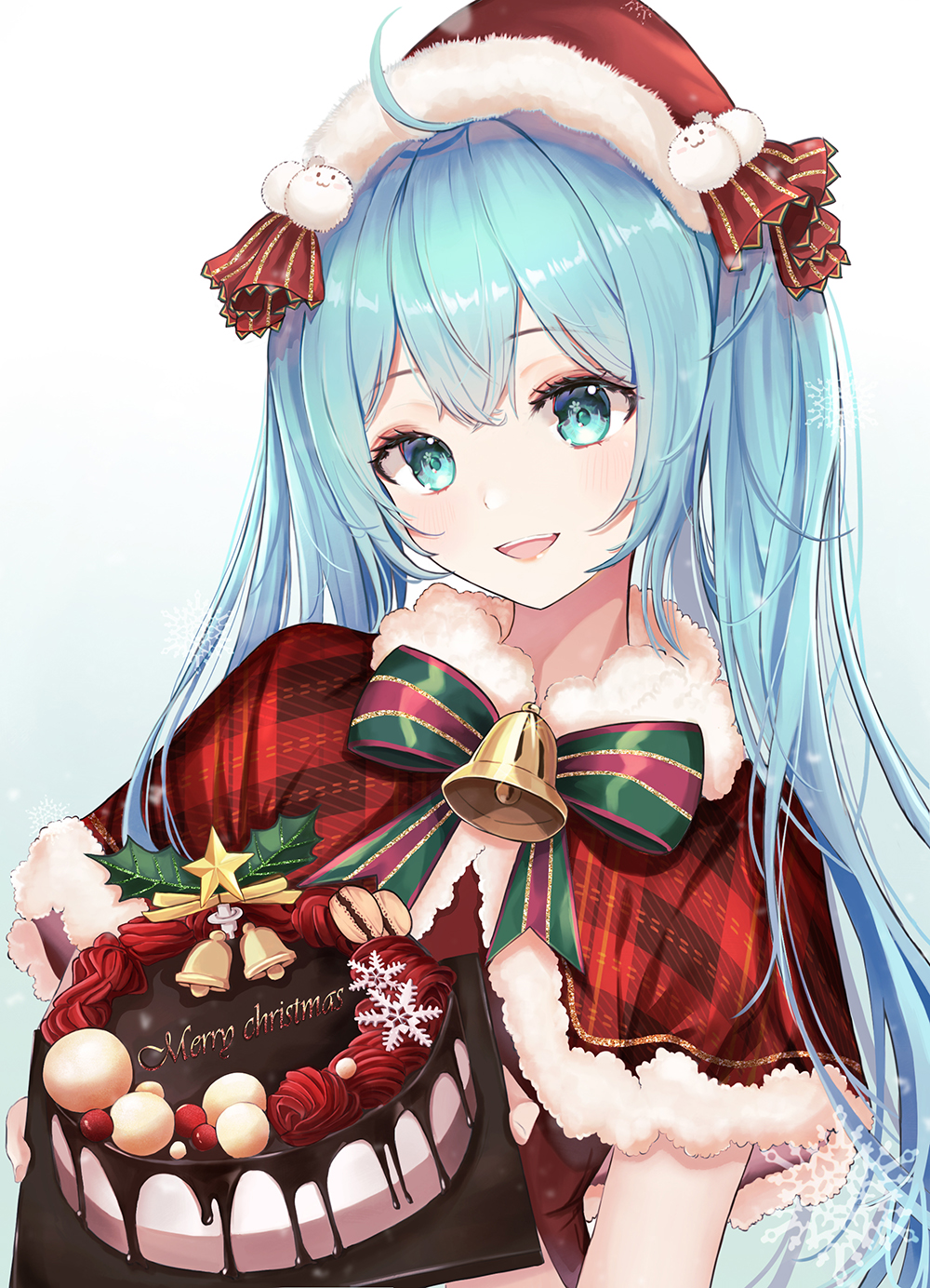 1girl ahoge aqua_eyes aqua_hair bell bow cake capelet christmas food fur-trimmed_capelet fur-trimmed_headwear fur_trim happy hat hatsune_miku highres holding holding_cake holding_food kottungyang light_blush long_hair looking_at_viewer merry_christmas open_mouth plaid_capelet pom_pom_(clothes) raised_eyebrows red_capelet santa_costume santa_hat snowflakes solo upper_body vocaloid white_background