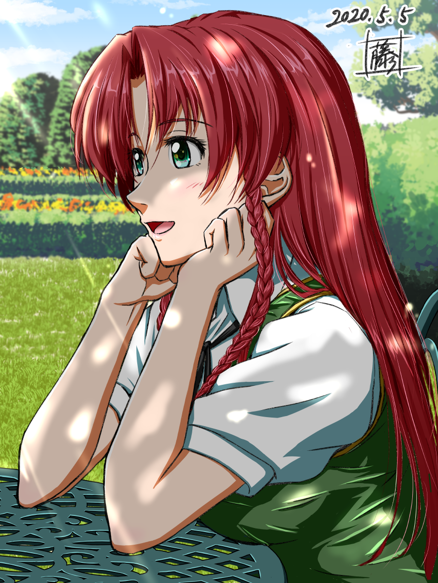 1girl aqua_eyes bangs black_neckwear blue_sky braid breast_rest breasts clouds commentary_request dappled_sunlight dated day elbows_on_table flower garden grass green_vest hands_on_own_face head_on_hand hedge_(plant) hong_meiling light_rays looking_to_the_side neck_ribbon no_hat no_headwear nose open_mouth outdoors parted_bangs puffy_short_sleeves puffy_sleeves ribbon shino-puchihebi shirt short_sleeves signature sitting sky solo sunbeam sunlight table touhou tree twin_braids upper_body vest white_shirt