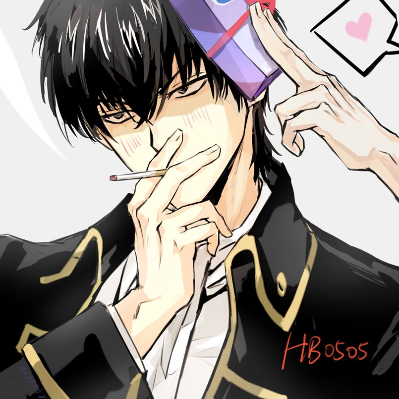 1boy bangs between_fingers black_eyes black_hair black_jacket blush box cigarette collared_shirt commentary_request dated english_commentary gift gift_box gintama giving grey_background hair_between_eyes happy_birthday heart hijikata_toushirou holding holding_gift jacket long_sleeves looking_away male_focus military_jacket mixed-language_commentary mouth_hold out_of_frame shirt short_hair solo_focus spoken_heart upper_body white_shirt zzyzzyy