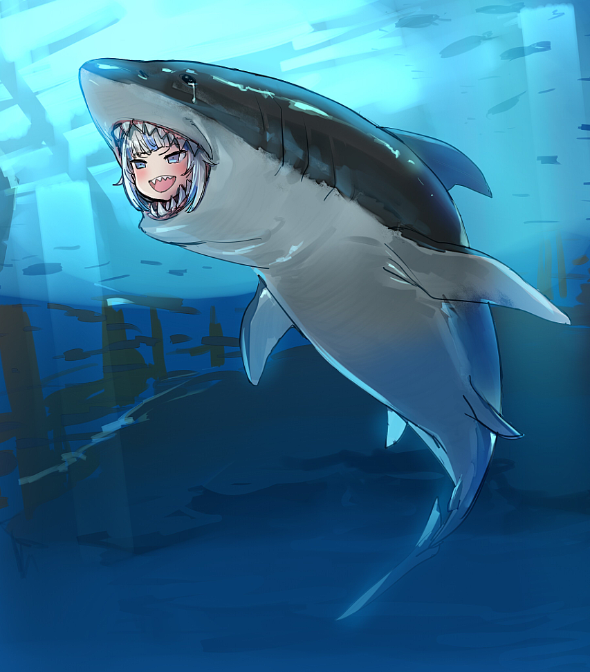 1girl :d animal bangs blue_eyes blue_hair blunt_bangs bow_(bhp) crying fish gawr_gura hololive hololive_english multicolored_hair ocean open_mouth shark sharp_teeth smile solo streaked_hair tears teeth two-tone_hair underwater v-shaped_eyebrows virtual_youtuber what white_hair