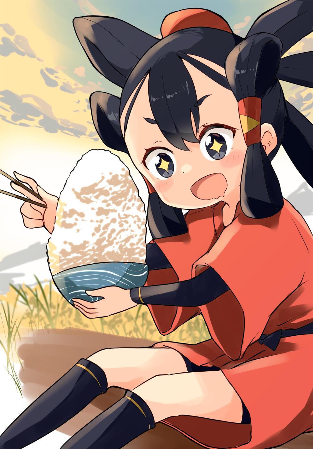 +_+ 1girl :d barashiya black_eyes black_hair blush blush_stickers bowl chopsticks drooling eating excited food goddess grass hair_ornament happy highres japanese_clothes open_mouth rice sakuna-hime sitting sky smile solo sparkling_eyes tensui_no_sakuna-hime wide_sleeves