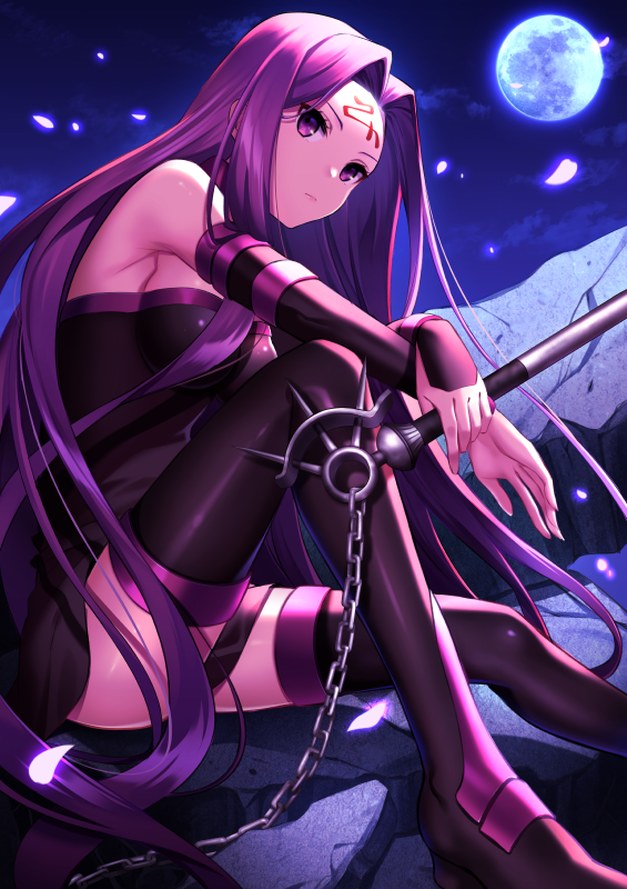 1girl black_dress black_footwear black_sleeves boots breasts chain closed_mouth detached_sleeves dress facial_mark fate/stay_night fate_(series) floating_hair from_side full_moon hair_intakes holding holding_weapon large_breasts long_hair long_sleeves moon nameless_dagger night no_mask omochimochi outdoors purple_hair rider shiny shiny_footwear shiny_hair short_dress sideboob sitting sky sleeveless sleeveless_dress solo strapless strapless_dress thigh-highs thigh_boots tube_dress very_long_hair violet_eyes weapon
