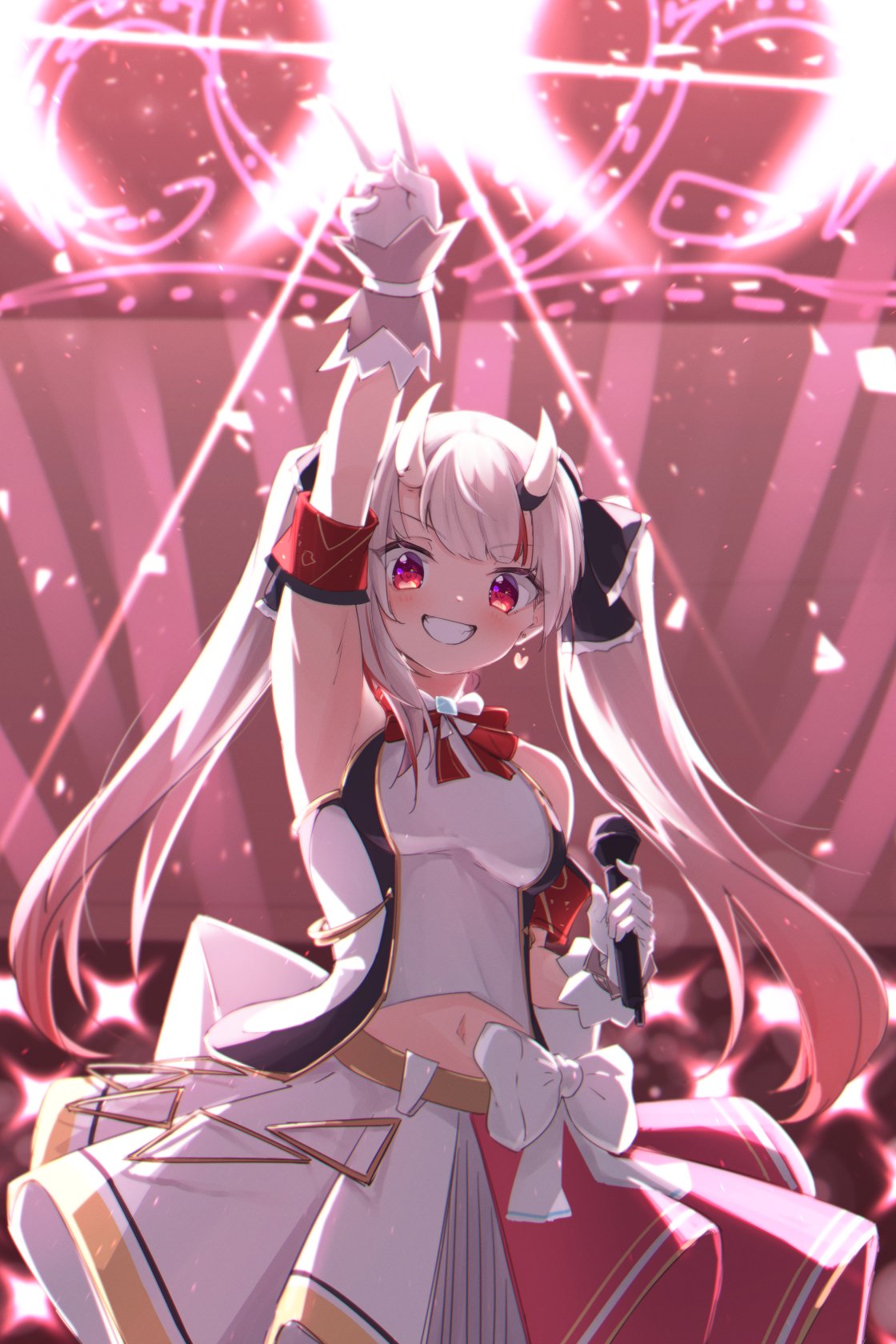 1girl arm_up armband blush bow bowtie breasts commentary cowboy_shot eyebrows_visible_through_hair gloves gradient_hair grin hair_ribbon highres holding holding_microphone hololive horns idol light_rays long_hair looking_at_viewer medium_breasts microphone midriff multicolored_hair nakiri_ayame namaonpa navel official_alternate_costume oni_horns pink_hair red_bow red_eyes redhead ribbon shirt silver_hair skirt sleeveless sleeveless_shirt smile solo sparkle streaked_hair twintails v virtual_youtuber white_bow white_gloves white_shirt white_skirt