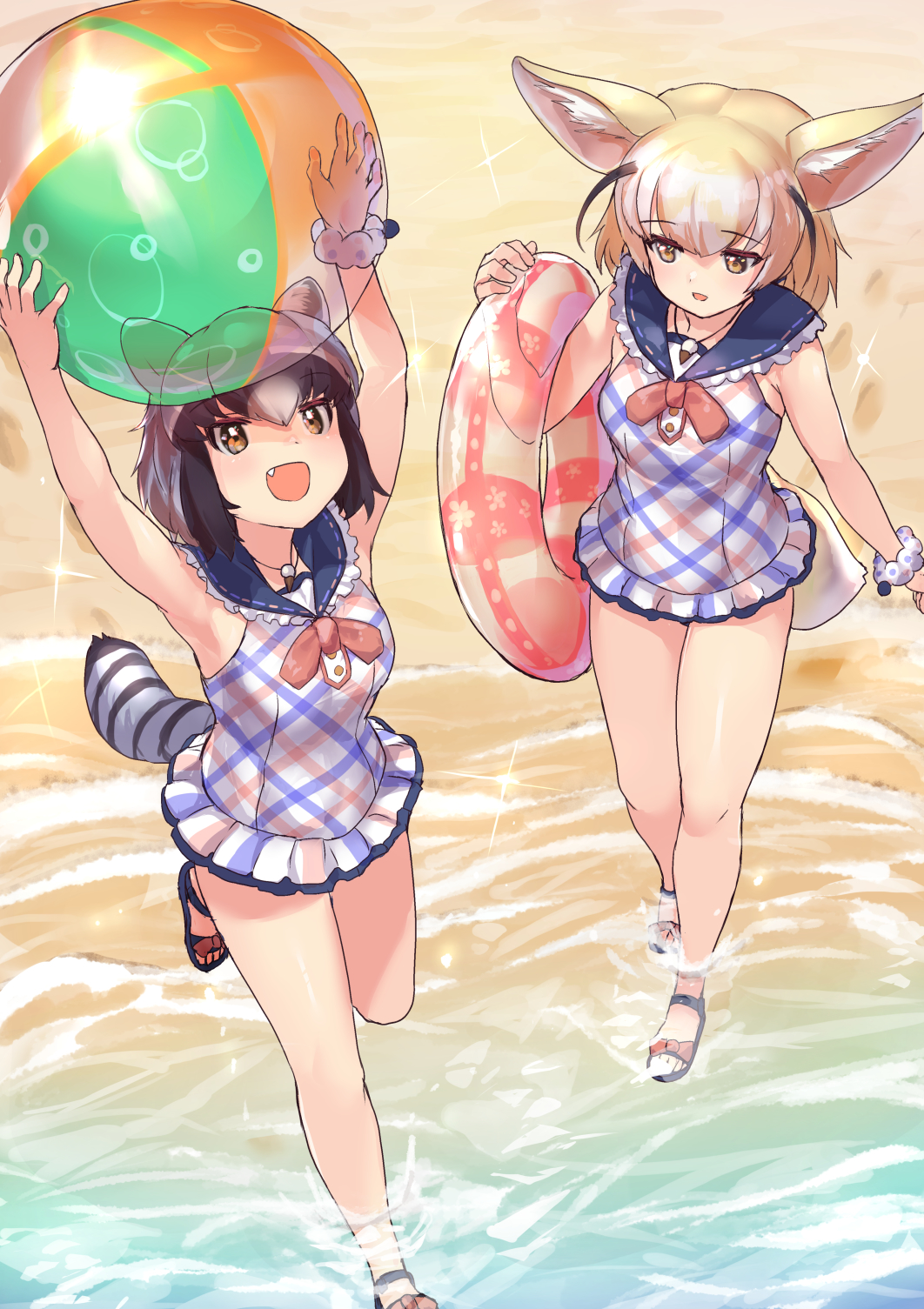 2girls :d alternate_costume animal_ear_fluff animal_ears ball bare_arms bare_legs bare_shoulders beach beachball black_hair blonde_hair blue_swimsuit bow common_raccoon_(kemono_friends) eyebrows_visible_through_hair fang fennec_(kemono_friends) fox_ears fox_girl fox_tail frilled_swimsuit frills grey_hair highres innertube kemono_friends kemono_friends_3 multicolored multicolored_clothes multicolored_hair multicolored_swimsuit multiple_girls one-piece_swimsuit open_mouth orange_eyes plaid plaid_swimsuit raccoon_ears raccoon_girl raccoon_tail red_swimsuit sailor_collar sandals shoe_bow shoes short_hair sleeveless smile swimsuit tadano_magu tail water white_hair white_swimsuit