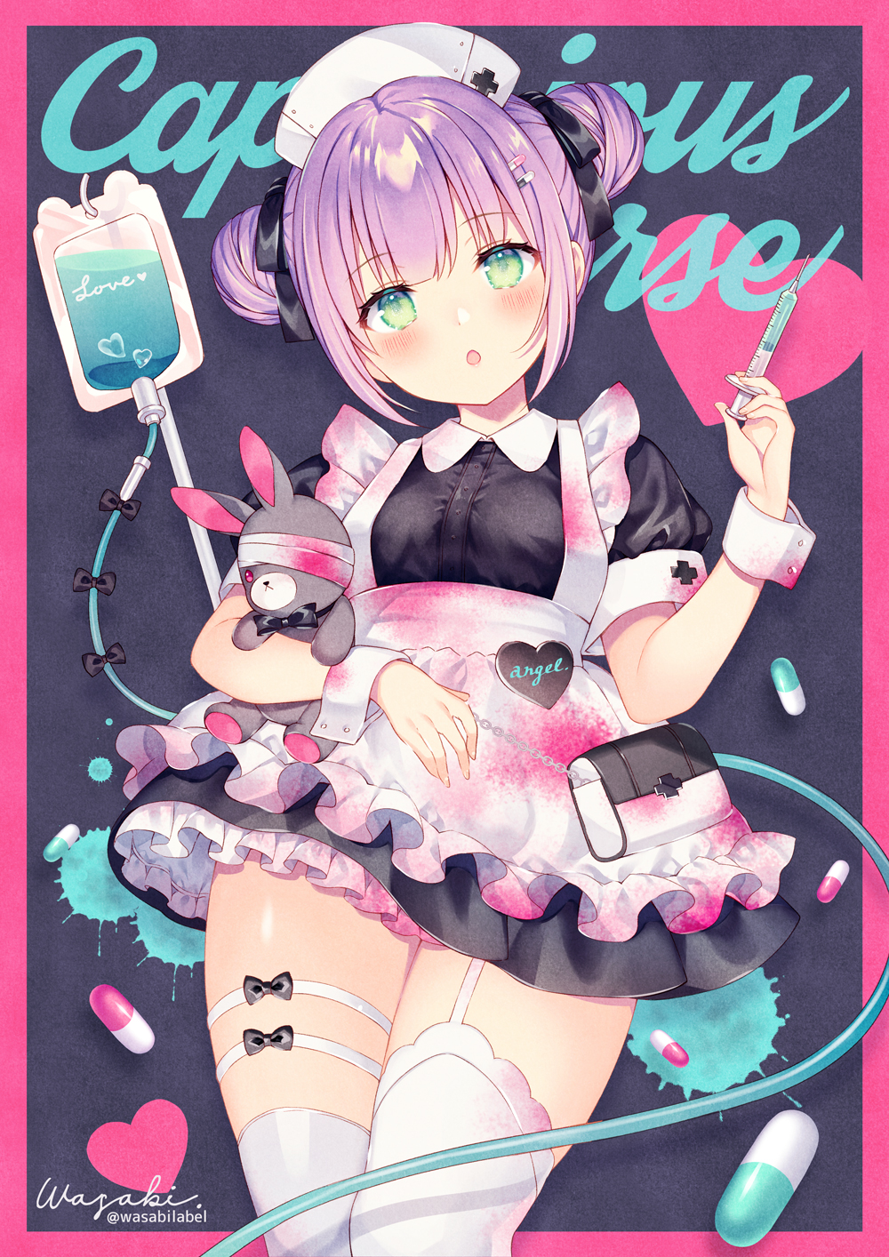 1girl :o apron background_text bandages bangs black_background black_bow black_dress blush bow breasts collared_dress double_bun dress eyebrows_visible_through_hair frilled_apron frills green_eyes hair_bow hand_up hat head_tilt heart highres holding holding_syringe intravenous_drip nurse nurse_cap object_hug original parted_lips pink_background puffy_short_sleeves puffy_sleeves purple_hair short_sleeves sidelocks small_breasts solo stuffed_animal stuffed_bunny stuffed_toy syringe two-tone_background wasabi_(sekai) white_apron white_headwear wrist_cuffs