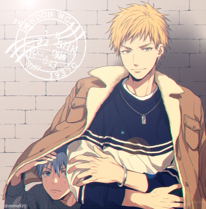 2boys against_wall bangs blonde_hair blue_eyes blue_hair blush bracelet brick_wall brown_jacket buttons cardigan casual closed_mouth commentary_request crossed_arms earrings frown grey_cardigan hair_between_eyes jacket jewelry kise_ryouta kuroko_no_basuke kuroko_tetsuya lens_flare long_sleeves looking_at_viewer male_focus mashima_shima multiple_boys necklace open_clothes open_jacket short_hair smile twitter_username two-tone_shirt under_clothes upper_body yellow_eyes