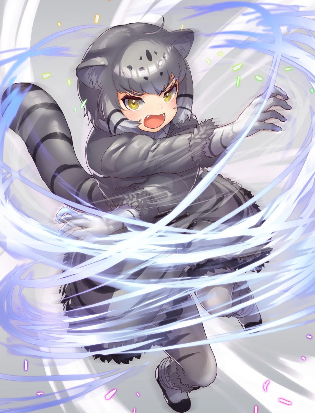 1girl animal_ear_fluff animal_ears bangs cat_ears cat_girl cat_tail crossed_arms eyebrows_visible_through_hair fangs full_body fur-trimmed_sleeves fur_trim gloves grey_hair highres kemono_friends long_sleeves looking_at_viewer open_mouth pallas's_cat_(kemono_friends) short_hair solo striped_tail tadano_magu tail v-shaped_eyebrows white_gloves yellow_eyes