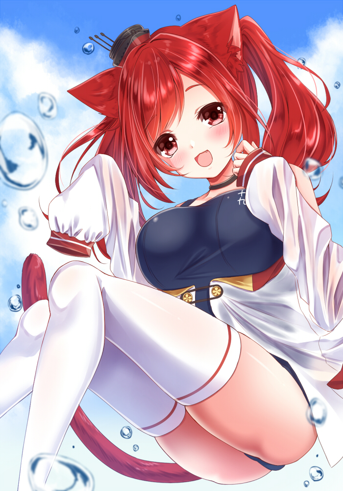 1girl :d animal_ears asakura_with_azu azur_lane blush breasts bubble cat_ears cat_tail i-19_(azur_lane) jacket large_breasts legs long_hair open_clothes open_jacket open_mouth red_eyes redhead sleeves_past_fingers sleeves_past_wrists smile solo tail thigh-highs twintails white_legwear