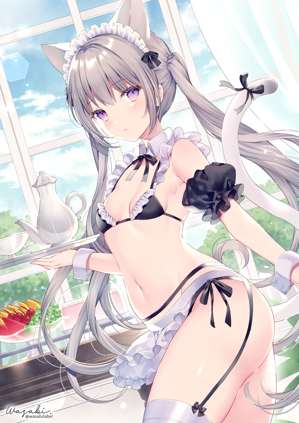 1girl animal_ears apron bangs bare_shoulders bikini black_bikini blue_sky blush bow bowtie breasts cat_ears cat_tail closed_mouth clouds cloudy_sky commentary_request cowboy_shot cup day detached_collar detached_sleeves dutch_angle extra_ears eyebrows_visible_through_hair food frilled_bikini frills fruit garter_belt groin highres holding holding_tray indoors maid maid_apron maid_bikini maid_headdress navel neck_ribbon original puffy_short_sleeves puffy_sleeves ribbon shiny shiny_hair short_sleeves side-tie_bikini sidelocks silver_hair simple_background sky small_breasts solo stomach sunlight swimsuit tail tail_ornament tail_raised tail_ribbon teacup teapot thigh-highs thighs tied_hair tray twintails violet_eyes waist_apron wasabi_(sekai) white_legwear window