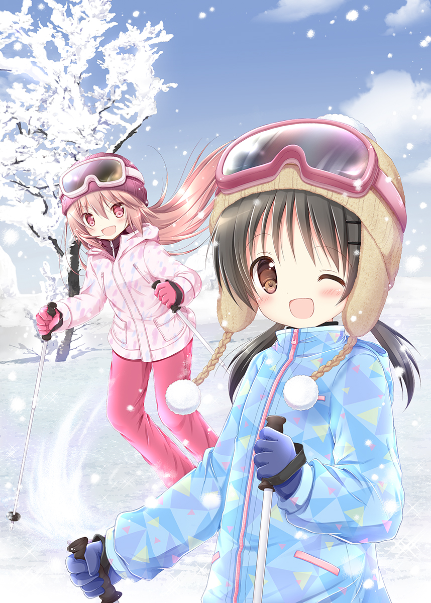 2girls :d ;d bangs beanie blue_gloves blue_jacket blue_sky blush brown_eyes brown_hair brown_headwear clouds commentary_request cover cover_page day eyebrows_visible_through_hair gloves goggles goggles_on_head hair_between_eyes hair_ornament hairclip hat highres jacket light_brown_hair long_hair long_sleeves low_twintails multiple_girls nanase_miori one_eye_closed open_mouth original outdoors pants photoshop_(medium) pink_gloves pink_jacket pink_pants pom_pom_(clothes) red_eyes red_headwear sidelocks ski_goggles skiing sky smile snow textless tree twintails very_long_hair