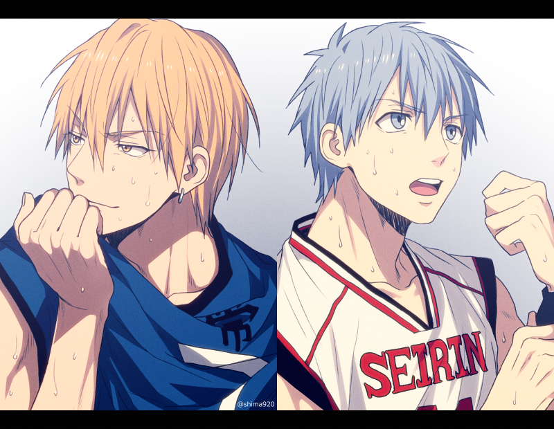 2boys bangs basketball_uniform blonde_hair blue_eyes blue_hair blue_shirt closed_mouth clothes_writing collarbone commentary_request earrings eyebrows_visible_through_hair gradient gradient_background grey_background hair_between_eyes hand_up jewelry kise_ryouta kuroko_no_basuke kuroko_tetsuya letterboxed looking_to_the_side male_focus mashima_shima multiple_boys open_mouth shirt short_hair sleeveless sleeveless_shirt smile split_screen sportswear sweat twitter_username upper_body upper_teeth white_shirt yellow_eyes