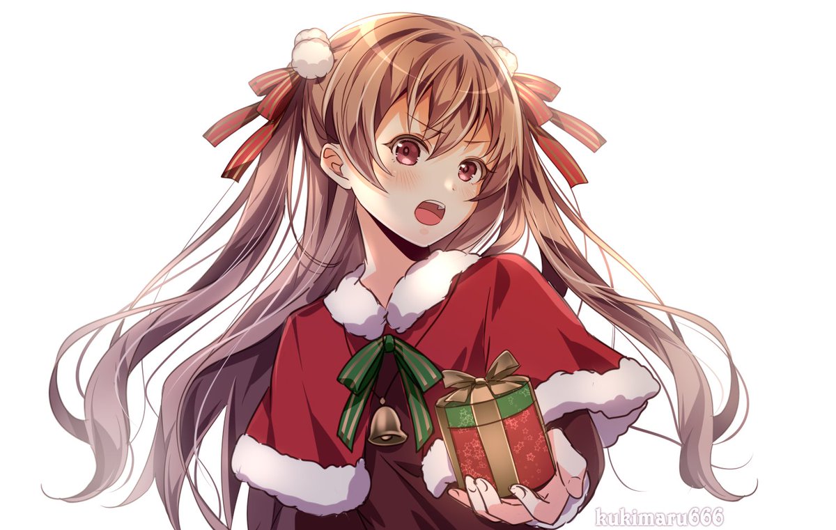 1girl alternate_costume artist_name bell brown_eyes capelet commentary_request fur-trimmed_capelet fur_trim gift hair_bobbles hair_ornament johnston_(kantai_collection) kantai_collection kukimaru light_brown_hair long_hair looking_at_viewer open_mouth red_capelet simple_background solo two_side_up white_background