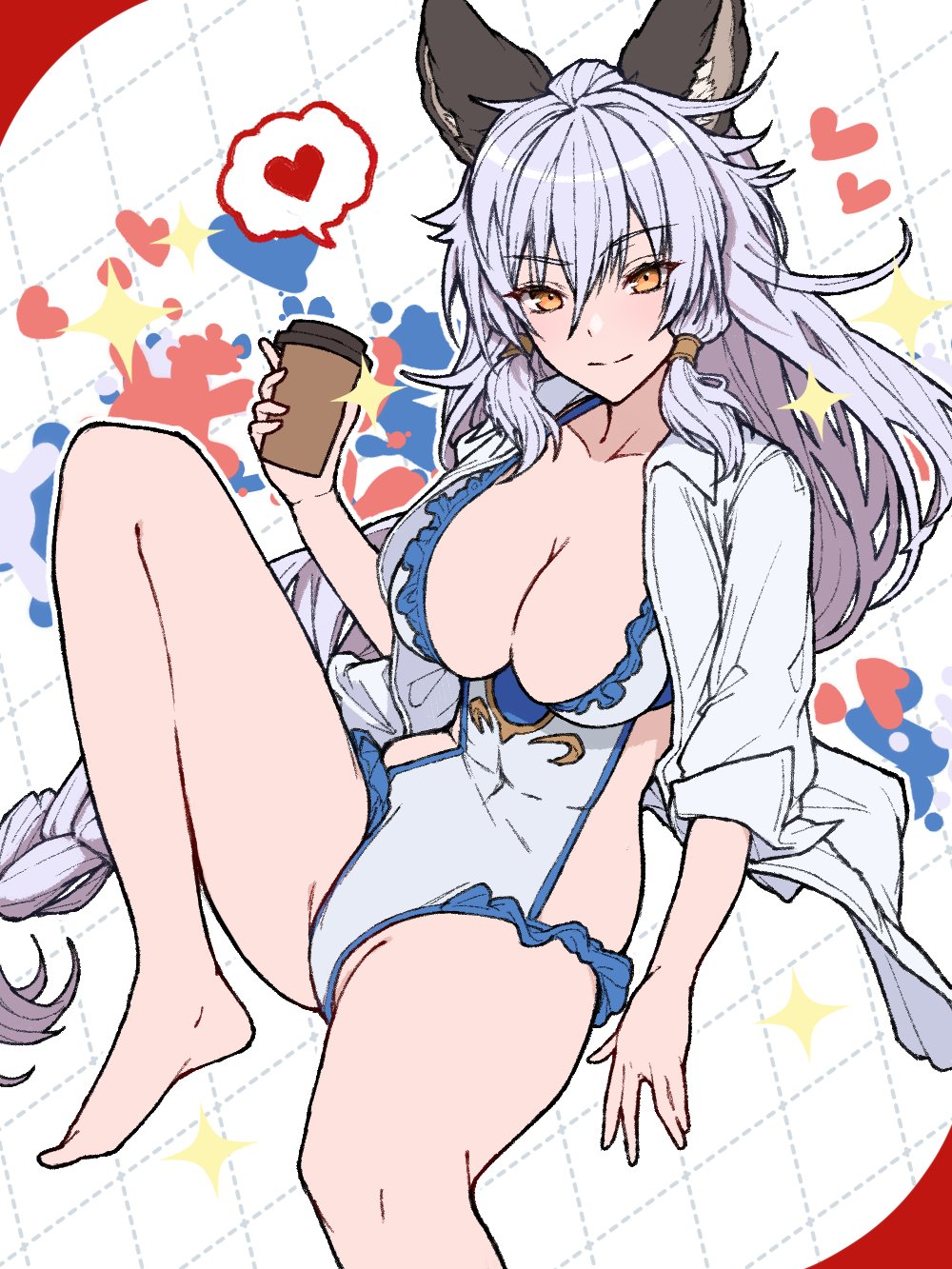 1girl animal_ears barefoot braid breasts casual_one-piece_swimsuit cat_ears coffee erune granblue_fantasy heart heles highres large_breasts ll_0109 looking_at_viewer one-piece_swimsuit silver_hair smile solo star_(symbol) swimsuit