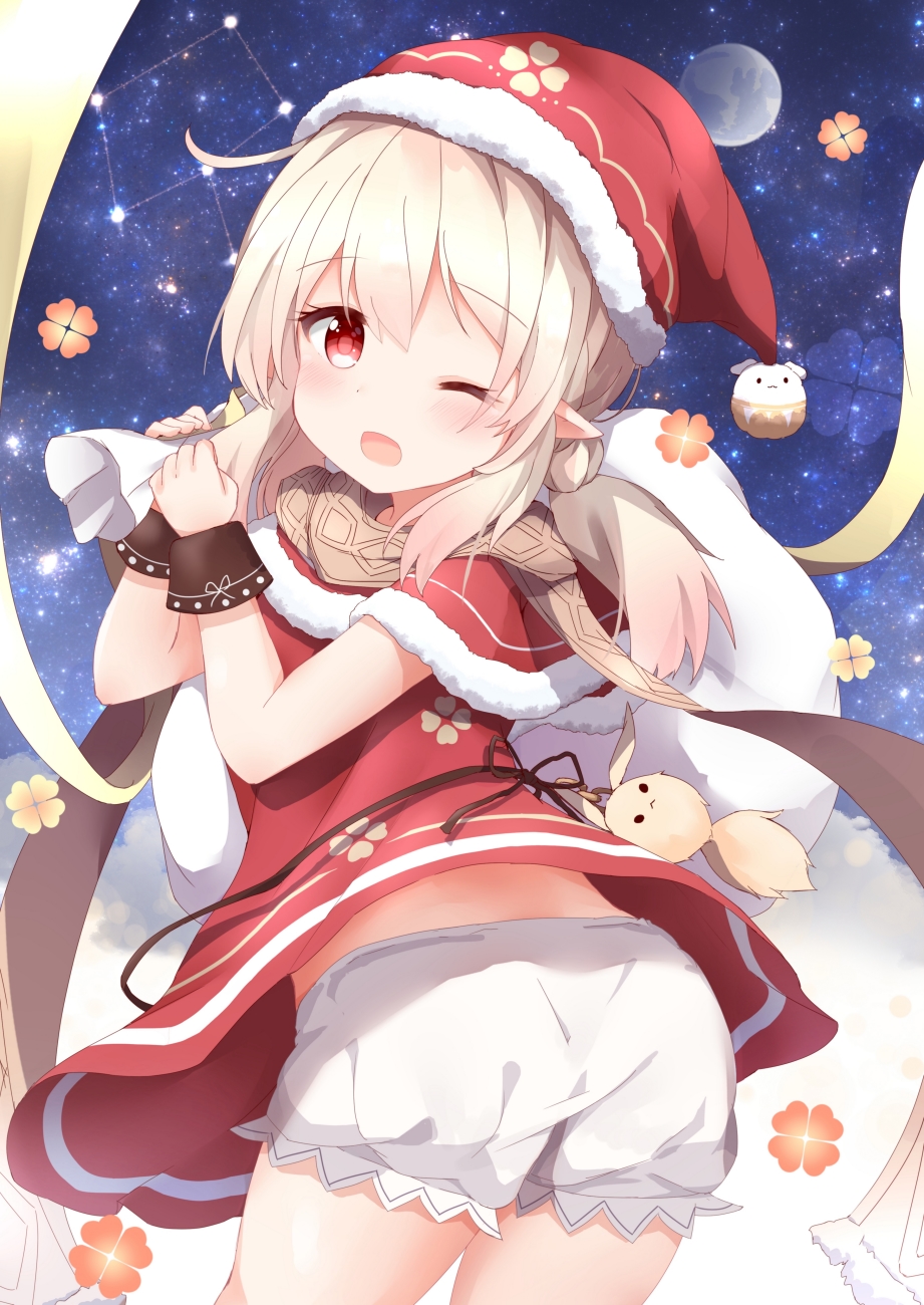 1girl bangs black_ribbon blonde_hair blush capelet child christmas clover collar commentary cowboy_shot dress eyebrows_visible_through_hair four-leaf_clover genshin_impact hat highres holding holding_sack klee_(genshin_impact) looking_at_viewer moon night night_sky one_eye_closed open_mouth pointy_ears red_capelet red_dress red_eyes ribbon sack santa_costume santa_hat short_shorts short_twintails shorts shorts_under_dress sky sleeveless solo standing star_(sky) starry_sky tutsucha_illust twintails wrist_cuffs