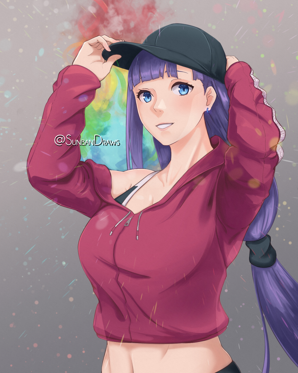 1girl adjusting_clothes adjusting_headwear baseball_cap bikini bikini_under_clothes black_bikini black_headwear blue_eyes blush collarbone earrings english_commentary fate/grand_order fate_(series) hat highres hood hood_down hoodie jewelry long_hair looking_at_viewer low-tied_long_hair midriff purple_hoodie saint_martha saint_martha_(swimsuit_ruler)_(fate) smile solo sunbandraws swimsuit twitter_username upper_body very_long_hair violet_eyes