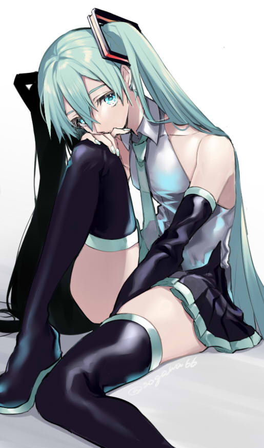 1girl bare_shoulders black_footwear black_skirt blue_eyes blue_hair blue_neckwear boots collared_shirt detached_sleeves hatsune_miku knee_up long_hair long_sleeves looking_at_viewer miniskirt necktie pleated_skirt shirt simple_background skirt sleeveless sleeveless_shirt sogawa solo thigh-highs thigh_boots twintails very_long_hair vocaloid white_background white_shirt wing_collar