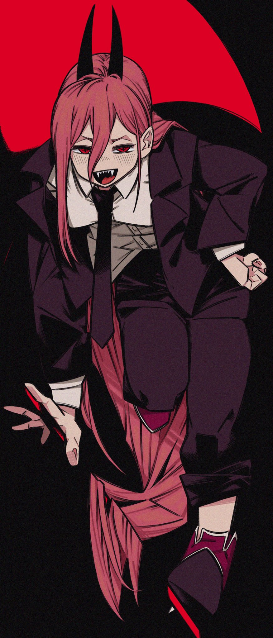 1girl bangs black_background black_jacket black_neckwear black_pants breasts chainsaw_man crosshair_pupils fangs formal hair_between_eyes hand_on_hip highres holding holding_weapon horns jacket long_hair long_sleeves necktie open_mouth pants pink_hair power_(chainsaw_man) red_eyes scythe sharp_teeth shirt simple_background solo suit teeth very_long_hair weapon white_shirt yaya_hiyayaka